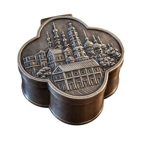 Vintage Pewter Russian Orthodox Cathedral Trinket Box Hinged Quatrefoil Silver